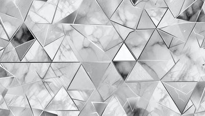 The primary subject of the image is a marble wall with a pattern of triangles. The setting is a room with a marble floor, and the visual style is a close-up of the marble wall. The colors and mood of the image are predominantly white, giving it a clean and elegant appearance.
