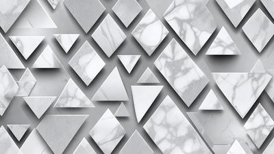 The primary subject of the image is a pattern of white triangles on a gray background. The setting is a wall, and the visual style appears to be a combination of digital art and illustration. The dominant colors are white and gray, creating a clean and minimalist atmosphere.
