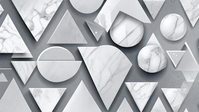The primary subject of the image is a collection of white geometric shapes, including triangles and circles, arranged in various patterns. The setting is a white marble wall, which serves as the backdrop for the shapes. The visual style is a combination of digital art and illustration, creating a clean and modern appearance. The dominant colors are white and gray, giving the image a minimalist and elegant feel.
