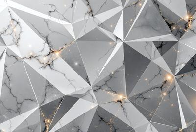 The primary subject of the image is a white marble wall with a pattern of triangles. The setting is a room with a white marble floor. The visual style is a combination of a photo and digital art, creating a unique and intricate design. The dominant colors are white and gray, giving the room a clean and modern atmosphere.