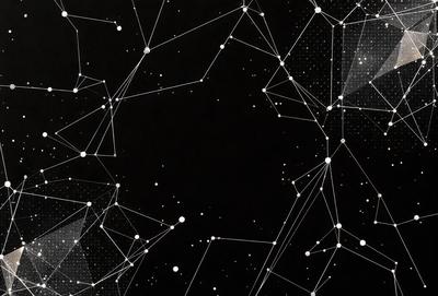 The primary subject of the image is a black background with white stars. The setting is a night sky, and the visual style is a combination of a photo and digital art. The image has a dark and moody atmosphere, with the white stars standing out against the black background.