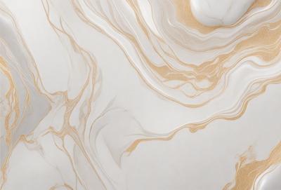 The primary subject of the image is a marble-like surface with a gold and white color scheme. The setting is a bathroom, with the marble-like surface covering the walls and floor. The visual style is a combination of a photo and digital art, creating a unique and intricate pattern. The colors and mood of the image are warm and luxurious, evoking a sense of elegance and sophistication.