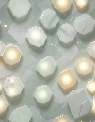 The primary subject of the image is a wall with a pattern of white hexagons. The setting is a room with a white marble wall, and the visual style is a photo. The dominant colors are white and light, creating a clean and bright atmosphere.