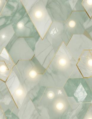 The primary subject of the image is a patterned wall with a marble texture. The setting is a room with a window, and the visual style is a combination of photo and digital art. The colors and mood of the image are predominantly white and gold, creating a warm and inviting atmosphere.