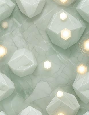 The primary subject of the image is a white marble wall with a pattern of hexagonal shapes. The setting is a rocky environment, and the visual style appears to be a combination of photo and digital art. The dominant colors are white and grey, creating a clean and minimalist atmosphere.