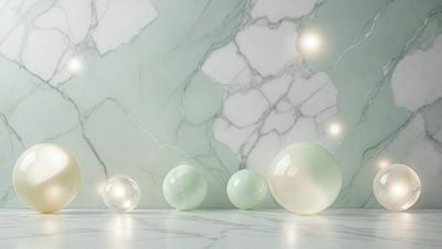 The primary subject of the image is a row of five white, round, and smooth balls placed on a marble countertop. The setting is a white marble wall, which serves as the background for the scene. The visual style of the image is a photo, capturing the details of the balls and the marble surface. The colors and mood of the image are predominantly white, giving it a clean and minimalist appearance.