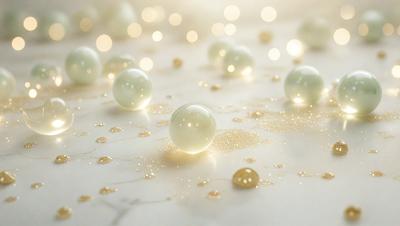 The primary subject of the image is a group of white and gold balls, which are scattered across a white surface. The setting appears to be a white table or a white background, creating a clean and minimalist look. The visual style of the image is a combination of photo and digital art, as the balls are depicted in a realistic manner while the background is white and clean. The colors and mood of the image are predominantly white and gold, giving it a warm and elegant atmosphere.