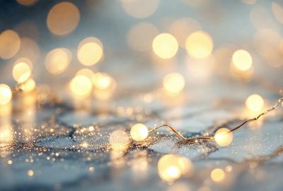 The primary subject of the image is a string of lights, which are shining brightly in the dark. The setting is a snowy surface, and the visual style appears to be a photo. The colors and mood of the image are predominantly dark and cold, with the bright lights providing a contrasting warmth.
