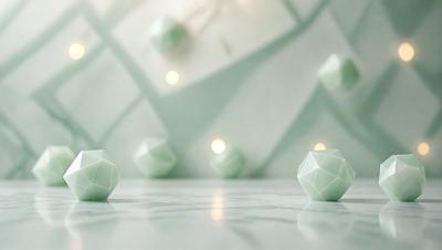 The primary subject of the image is a group of small, geometric, green and white balls. They are arranged in a visually appealing manner, creating a sense of harmony and balance. The setting is a white background, which provides a clean and minimalist look to the scene. The visual style is a combination of digital art and illustration, as the balls are depicted in a detailed and artistic manner. The colors and mood of the image are predominantly green and white, giving it a calm and soothing atmosphere.