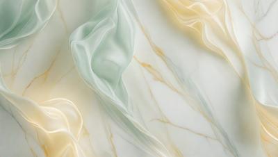 The primary subject of the image is a marble-like surface with a blue and white color scheme. The setting is a white marble wall, and the visual style is a combination of digital art and illustration. The colors and mood of the image are predominantly blue and white, creating a serene and elegant atmosphere.
