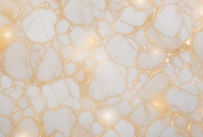 The primary subject of the image is a marble wall with a gold-colored pattern. The setting is a room with a white background. The visual style is a close-up of the marble wall, showcasing its intricate design. The colors and mood of the image are warm and elegant, with the gold pattern and white background creating a luxurious and sophisticated atmosphere.
