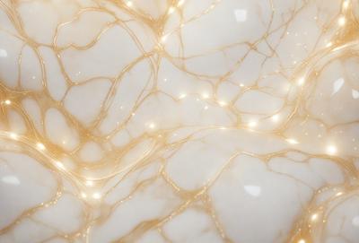 The primary subject of the image is a marble countertop with a gold-colored pattern. The setting is a kitchen, and the visual style is a close-up of the marble countertop. The colors and mood of the image are warm and elegant, with the gold pattern adding a touch of luxury to the overall atmosphere.