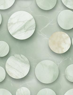 The primary subject of the image is a collection of round, white, and green marble tiles. These tiles are arranged in a pattern, creating a visually appealing and cohesive design. The setting is a wall, and the visual style is a combination of photo and digital art. The colors and mood of the image are predominantly green and white, giving it a clean and elegant appearance.