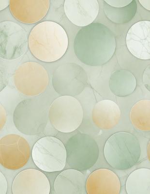 The primary subject of the image is a pattern of circles, which are arranged in a visually appealing manner. The circles are of various sizes and are placed on a green and white marbled surface. The setting appears to be a bathroom, as the circles are placed on a tiled wall. The visual style of the image is a combination of photo and digital art, creating a unique and eye-catching design. The dominant colors in the image are green and white, giving the pattern a fresh and clean appearance.
