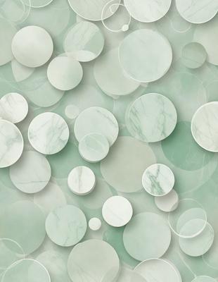The primary subject of the image is a large, green marble wall with a pattern of white circles. The setting is a room with a green marble wall, and the visual style is a combination of a photo and digital art. The dominant colors are green and white, creating a calm and serene atmosphere.