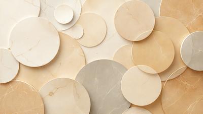 The primary subject of the image is a collection of circles, which are arranged in various sizes and shapes. The circles are placed on a marble surface, creating a visually appealing and textured backdrop. The setting appears to be a studio or workspace, where the circles have been carefully arranged and photographed. The visual style of the image is a combination of photo and digital art, as the circles are captured in a way that highlights their unique shapes and sizes. The colors and mood of the image are predominantly neutral