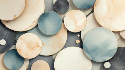 The primary subject of the image is a collection of round, marbled tiles. These tiles are arranged in a visually appealing manner, creating a sense of harmony and balance. The setting is a blue table, which serves as the backdrop for the tiles. The visual style of the image is a combination of photo and digital art, as the tiles are displayed in a way that showcases their unique texture and design. The colors and mood of the image are predominantly blue, which adds to the overall atmosphere