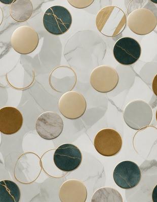 The primary subject of the image is a collection of circles, which are arranged in a pattern on a marble surface. The circles come in various sizes and colors, creating a visually appealing and diverse pattern. The setting is a marble countertop, which serves as the backdrop for the circles. The visual style of the image is a combination of photo and digital art, as it captures the intricate details of the circles and their arrangement. The colors and mood of the image are predominantly neutral, with the marble