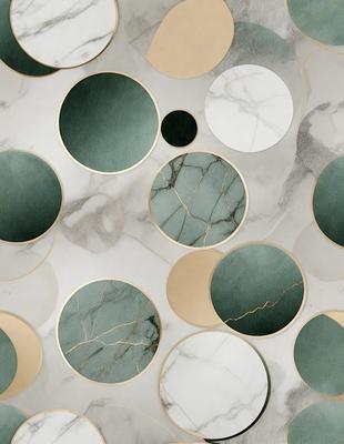 The primary subject of the image is a collection of circles, each with a different color and pattern. The circles are arranged in a visually appealing manner, creating a sense of depth and dimension. The setting is a white marble surface, which serves as a striking backdrop for the circles. The visual style of the image is a combination of photo and digital art, resulting in a unique and eye-catching design. The colors and mood of the image are predominantly green and white, giving it a clean and fresh appearance.