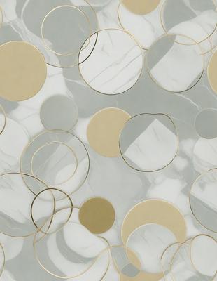 The primary subject of the image is a pattern of circles, which are arranged in a marble-like texture. The circles are of various sizes and are placed on a white background. The visual style of the image is a combination of photo and digital art, creating a unique and intricate pattern. The dominant colors in the image are white and gold, giving the pattern a sophisticated and elegant appearance.