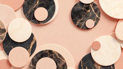 The primary subject of the image is a collection of round, decorative items, which appear to be made of marble or stone. These items are placed on a pink surface, creating a visually appealing contrast between the warm pink and the cool, natural tones of the marble or stone. The setting is a table, and the visual style is a combination of photo and digital art, giving the image a unique and artistic appearance. The colors and mood of the image are predominantly warm and inviting, with