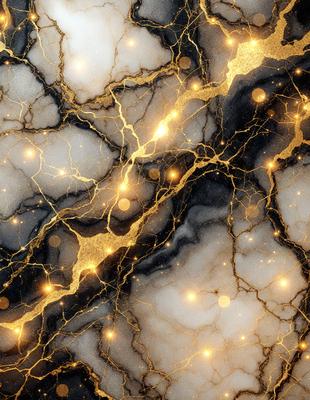 The primary subject of the image is a close-up of a marble wall with gold streaks. The setting is a dark room, and the visual style is a combination of a photo and digital art. The colors and mood of the image are predominantly dark, with the gold streaks adding a touch of warmth and elegance.