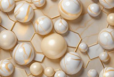 The primary subject of the image is a collection of white and gold balls arranged on a marble surface. The setting is a patterned marble table, and the visual style is a close-up of the balls. The colors and mood of the image are predominantly white and gold, giving it a luxurious and elegant appearance.