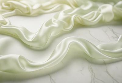 The primary subject of the image is a white fabric, possibly a sheet or a curtain, that is draped over a marble surface. The fabric appears to be wrinkled and has a slightly textured appearance. The setting is a marble table or countertop, which provides a contrasting background to the fabric. The visual style of the image is a close-up of the fabric, showcasing its texture and details. The colors and mood of the image are predominantly white, giving it a clean and elegant