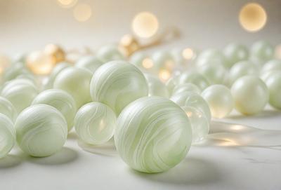 The primary subject of the image is a group of white, light green, and dark green glass balls. They are arranged on a white surface, creating a visually appealing display. The setting appears to be a studio or workspace, as the balls are placed on a table. The visual style of the image is a combination of photo and digital art, as the glass balls are captured in a close-up shot, while the overall atmosphere is one of creativity and craftsmanship.