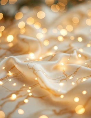 The primary subject of the image is a sheet of cloth with a pattern of gold lights on it. The sheet is draped over a surface, creating a visually appealing and unique pattern. The setting appears to be a room with a bed, as the sheet is covering the bed. The visual style of the image is a combination of digital art and photography, creating a striking and eye-catching pattern. The colors and mood of the image are warm and inviting, with the gold lights creating a sense of luxury and