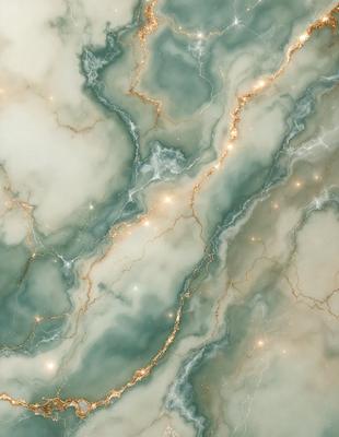 The primary subject of the image is a marble wall with a green and gold color scheme. The setting is a room with a marble countertop, and the visual style is a combination of photo and digital art. The colors and mood of the image are warm and inviting, with the gold and green tones creating a sense of luxury and sophistication.
