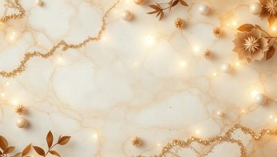 The primary subject of the image is a marble table with a gold chain pattern on it. The setting is a white background, and the visual style is a combination of photo and digital art. The colors and mood of the image are predominantly gold and white, creating a warm and elegant atmosphere.
