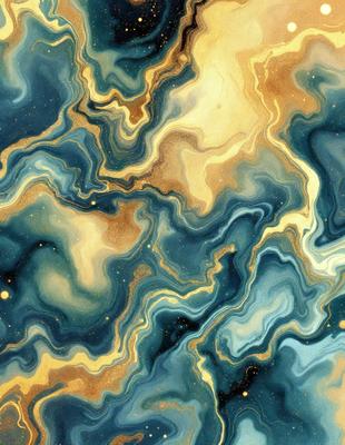 The primary subject of the image is a blue and gold swirling pattern, which appears to be a painting or a digital artwork. The setting is a blue and gold background, which complements the swirling pattern. The visual style is a mix of digital art and painting, creating a unique and eye-catching design. The colors and mood of the image are vibrant and lively, with the blue and gold colors evoking a sense of depth and richness.
