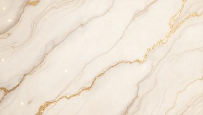 The primary subject of the image is a marble countertop with a gold streak running through it. The setting is a kitchen, and the visual style is a close-up of the marble countertop. The colors and mood of the image are predominantly white and gold, giving it a luxurious and elegant appearance.