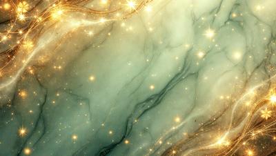 The primary subject of the image is a close-up of a marble surface with a pattern of gold stars. The setting is a dark room, and the visual style appears to be a combination of a photo and digital art. The dominant colors are gold and black, creating a luxurious and elegant atmosphere.