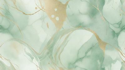 The primary subject of the image is a painting of a green and gold marble-like pattern. The setting is a white background, and the visual style appears to be a digital art or illustration. The dominant colors in the painting are green and gold, creating a warm and natural atmosphere.