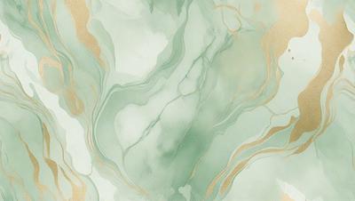 The primary subject of the image is a green and gold painting or drawing, featuring a marbled texture. The setting is a white background, which contrasts with the vibrant colors of the artwork. The visual style appears to be a combination of digital art and traditional painting techniques. The dominant colors in the image are green and gold, creating a warm and inviting atmosphere.