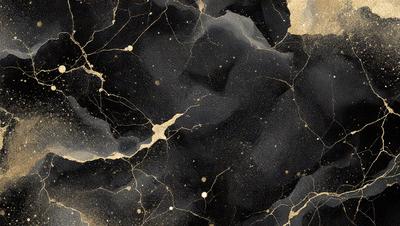 The primary subject of the image is a black and gold patterned surface, which appears to be a marbled or textured material. The setting is a dark background, which contrasts with the gold and black pattern. The visual style is a combination of photo and digital art, creating a unique and intricate design. The colors and mood of the image are predominantly dark, with the gold and black pattern providing a sense of depth and contrast.