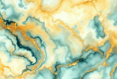 The primary subject of the image is a blue and yellow swirling pattern, which appears to be a painting or a digital artwork. The setting is a cloudy sky, and the visual style is a mix of digital art and painting. The dominant colors are blue and yellow, creating a vibrant and lively atmosphere.