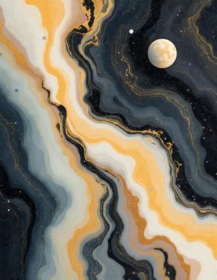 The primary subject of the image is a painting of a moon and a rocky landscape. The setting is a dark, star-filled sky, with the moon visible in the background. The visual style is a digital art or illustration, creating a dramatic and moody atmosphere. The dominant colors are black, white, and shades of yellow, with the moon and stars adding a touch of brightness to the scene.