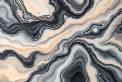 The primary subject of the image is a close-up of a rocky surface, possibly a marble or stone countertop. The setting is a room with a black and white color scheme. The visual style appears to be a combination of a photo and a digital art or illustration, as the image has a textured and detailed appearance. The dominant colors are black and white, creating a dramatic and striking atmosphere.