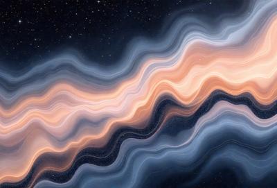 The primary subject of the image is a swirling, colorful pattern that resembles a galaxy or a wave. The setting is a dark, star-filled sky, which serves as the background for the pattern. The visual style is a combination of digital art and illustration, creating a unique and captivating image. The dominant colors are blue, orange, and purple, giving the pattern a vibrant and lively appearance. The overall atmosphere of the image is one of beauty and wonder, as it captures the