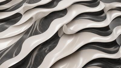 The primary subject of the image is a large, curved, and textured wall made of marble. The setting is a room with a marble wall, and the visual style is a combination of photo and digital art. The colors and mood of the image are predominantly gray and black, giving it a modern and sophisticated appearance.