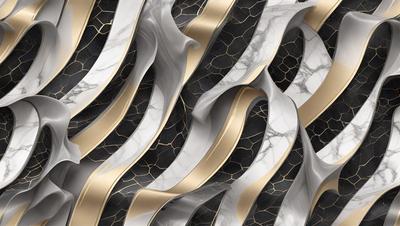 The primary subject of the image is a marble wall with a gold and white pattern. The setting is a black and white marble wall, which adds a contrasting element to the overall design. The visual style is a combination of digital art and illustration, creating a unique and intricate pattern. The colors and mood of the image are predominantly black and white, with the gold and white pattern adding a touch of warmth and elegance to the overall atmosphere.