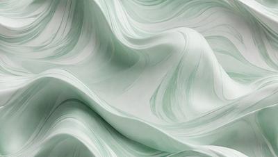 The primary subject of the image is a large, swirling, and curling piece of green fabric. The setting is a white background, which contrasts with the green fabric. The visual style is a close-up of the fabric, showcasing its intricate patterns and textures. The colors and mood of the image are predominantly green, creating a sense of calmness and tranquility.