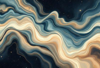 The primary subject of the image is a painting of a blue and white swirling pattern, which appears to be a water-like texture. The setting is a night sky, with the swirling pattern as the main focus. The visual style is a painting, and the colors and mood are predominantly blue and white, creating a serene and calming atmosphere.