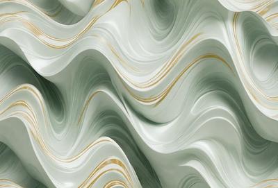 The primary subject of the image is a large, curved, and swirling white wall. The setting is a room with a white background, and the visual style appears to be a combination of a photo and digital art. The dominant colors are white and gold, creating a clean and elegant atmosphere.