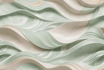 The primary subject of the image is a large, curved, and flowing marble wall. The setting is a room with a marble surface, and the visual style is a close-up of the marble wall. The colors and mood of the image are predominantly green, giving it a serene and natural atmosphere.