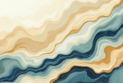 The primary subject of the image is a large, colorful painting featuring a wave pattern. The setting is a wall, and the visual style appears to be a combination of digital art and illustration. The dominant colors in the painting are blue, white, and gold, creating a serene and calming atmosphere.