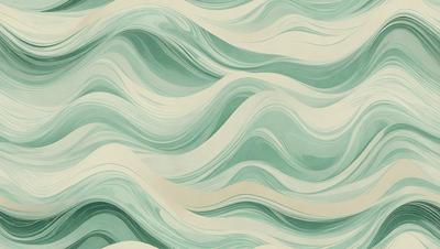 The primary subject of the image is a large, colorful wave pattern. The setting is a wall, and the visual style appears to be a combination of a photo and digital art. The dominant colors are green and blue, creating a calming and serene atmosphere.